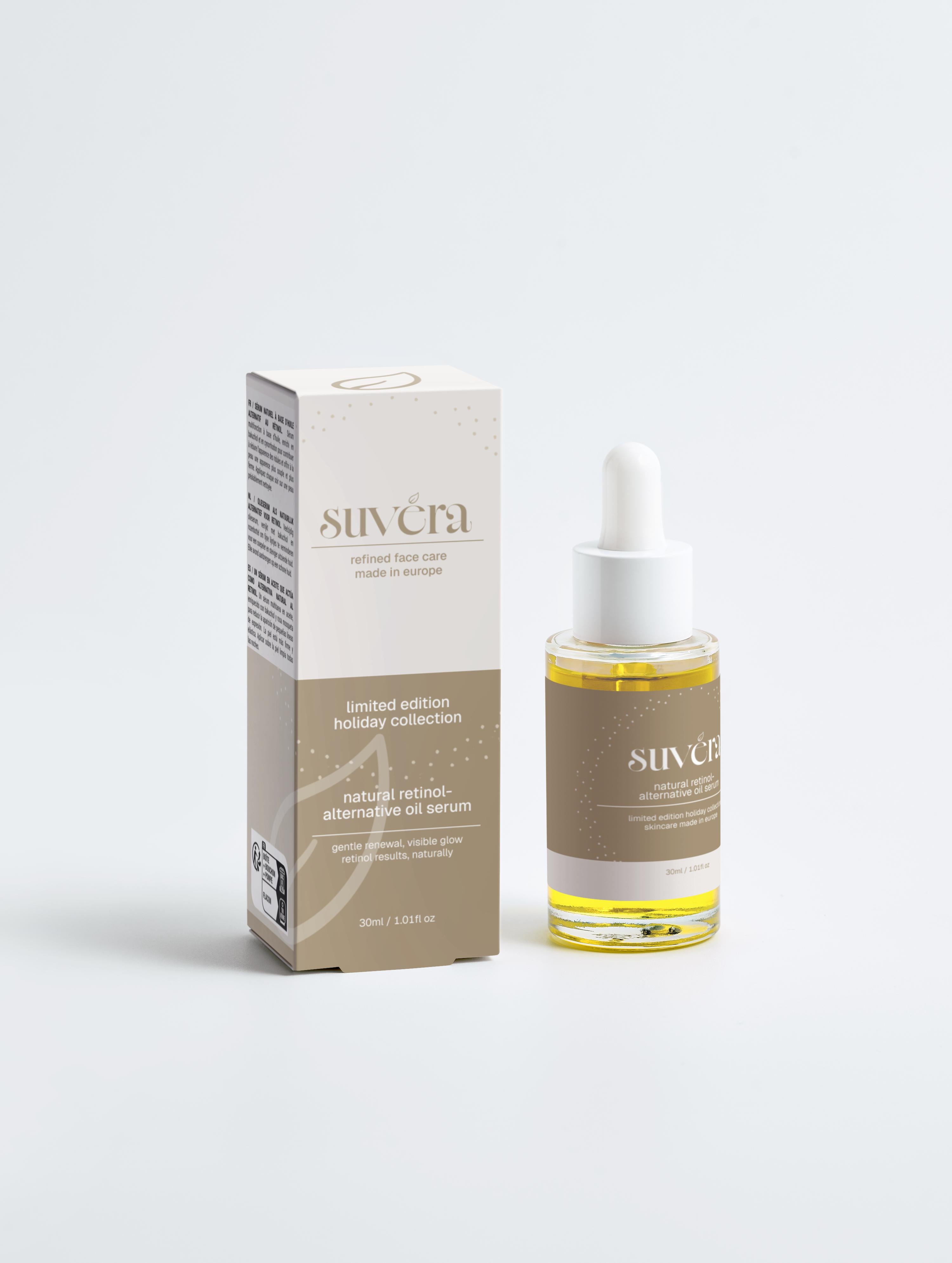 Two Suvéra skincare products arranged together in a clean studio setup