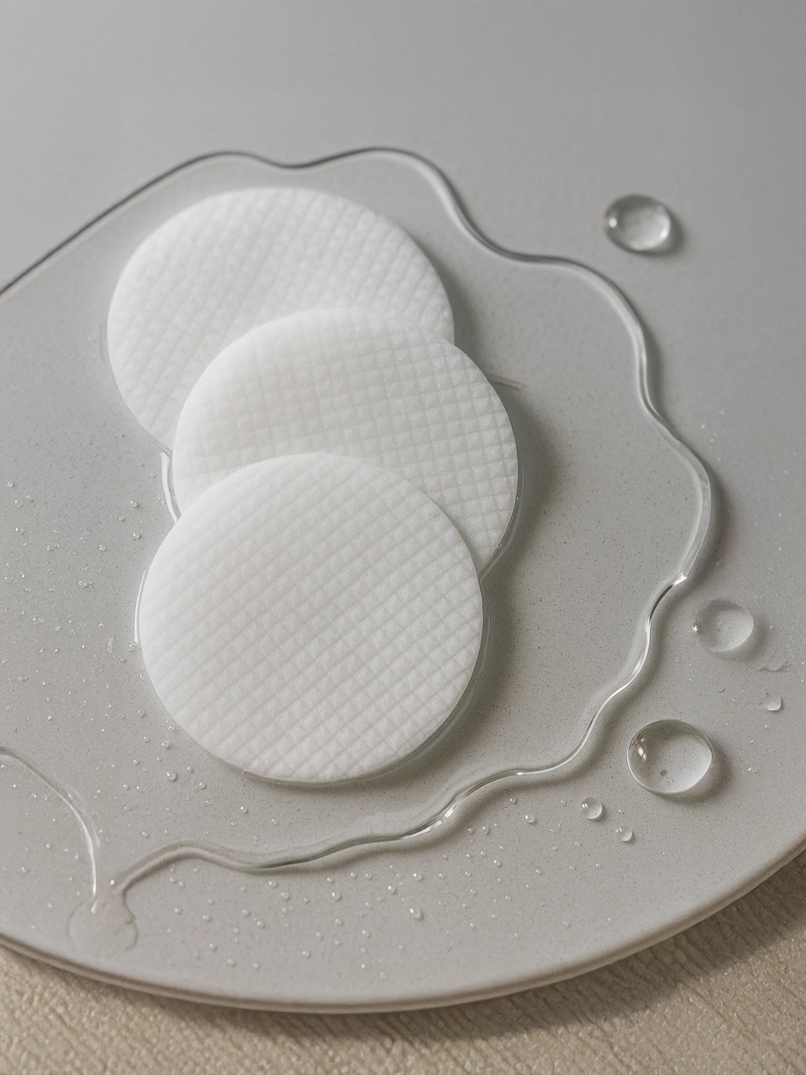 Three white round cotton pads on a gray plate with water droplets. Hydrating Toner
