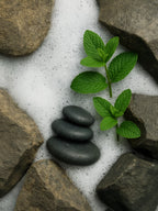 Green leaves and black stones on a textured surface with rocks Natural Suvéra hand & body wash — peppermint & dark cedar concept with dewy sage leaves, river stones, and soft white foam in warm light