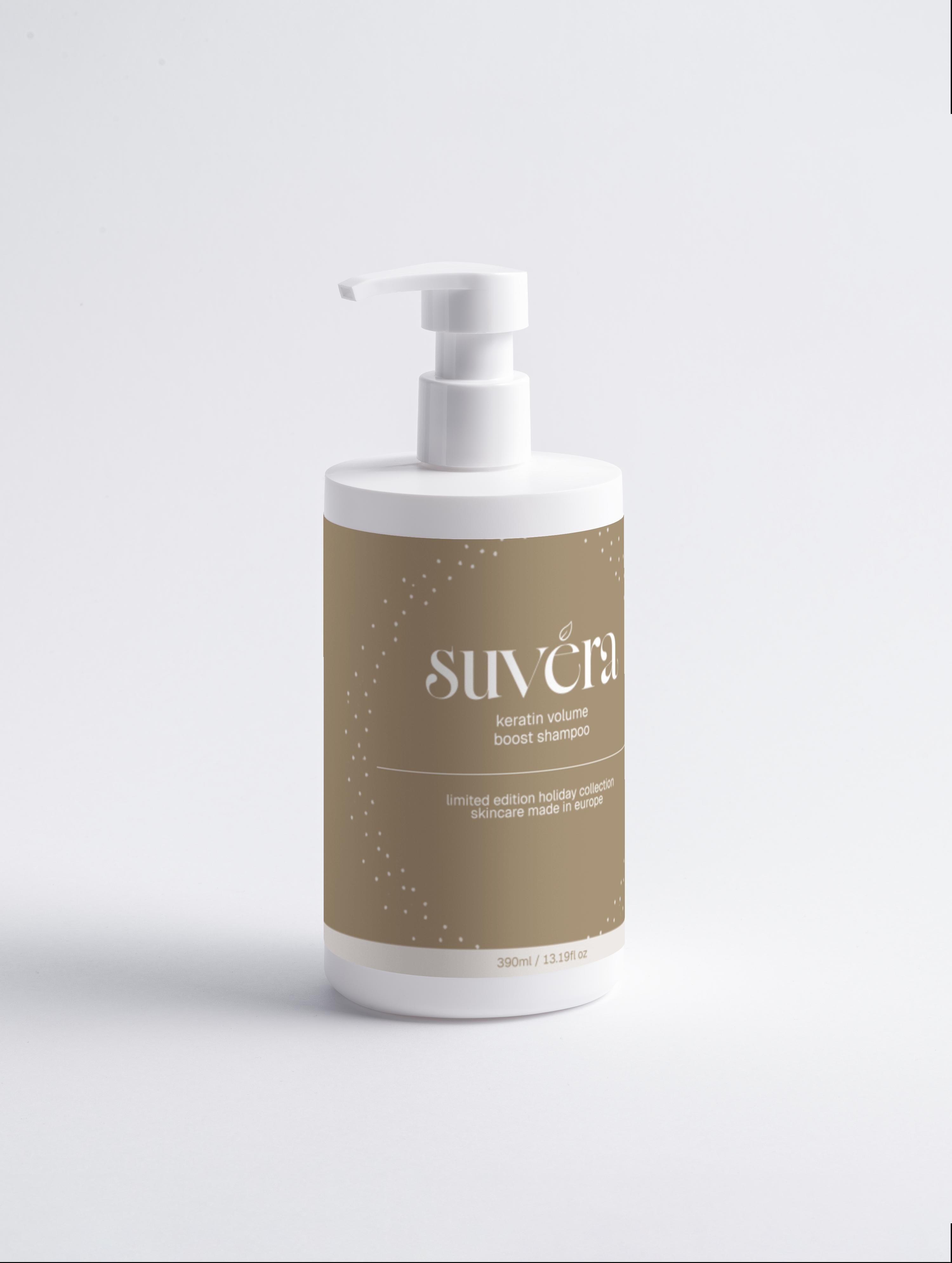 Suvera shampoo bottle on a light gray background