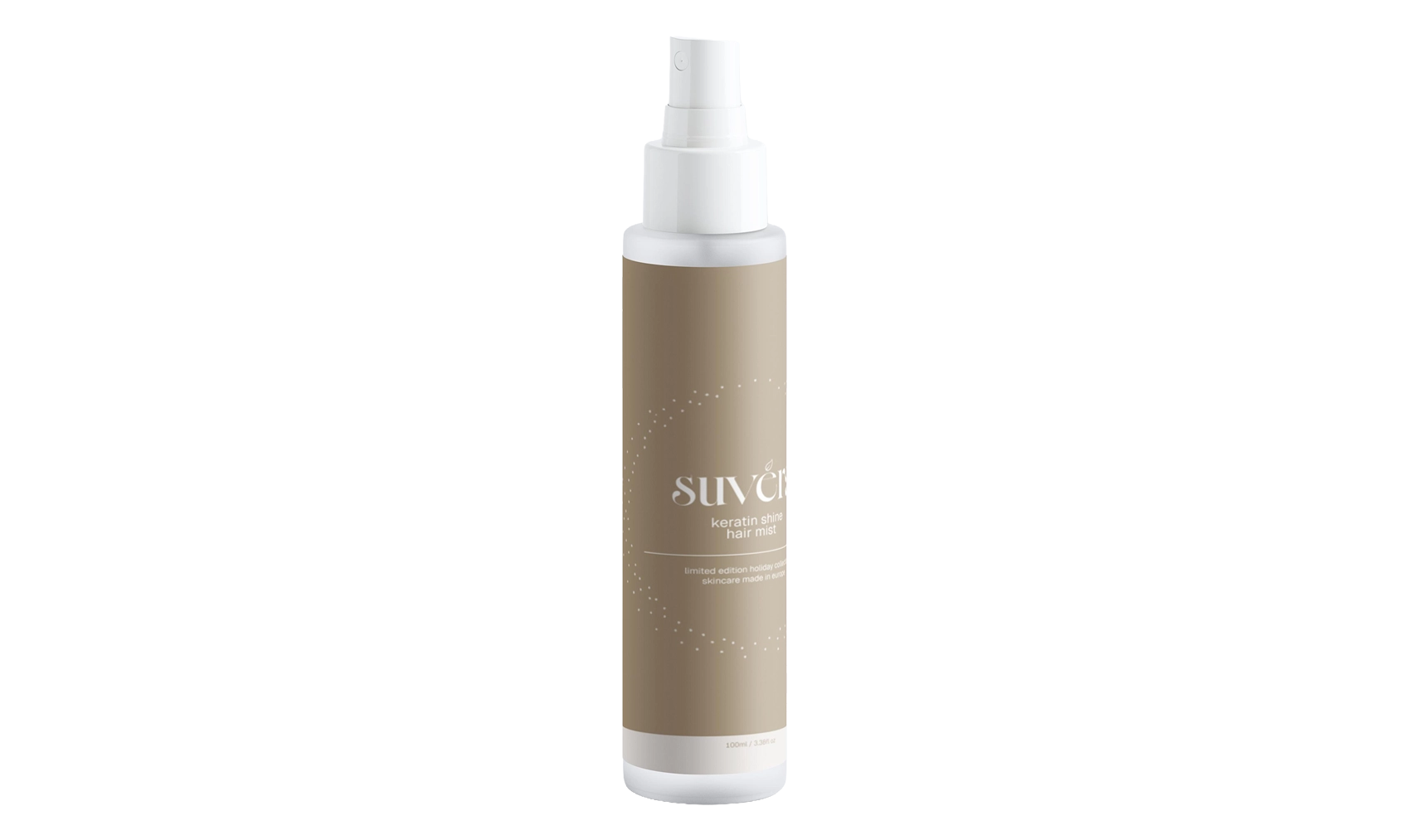 Spray bottle with a beige label on a white background