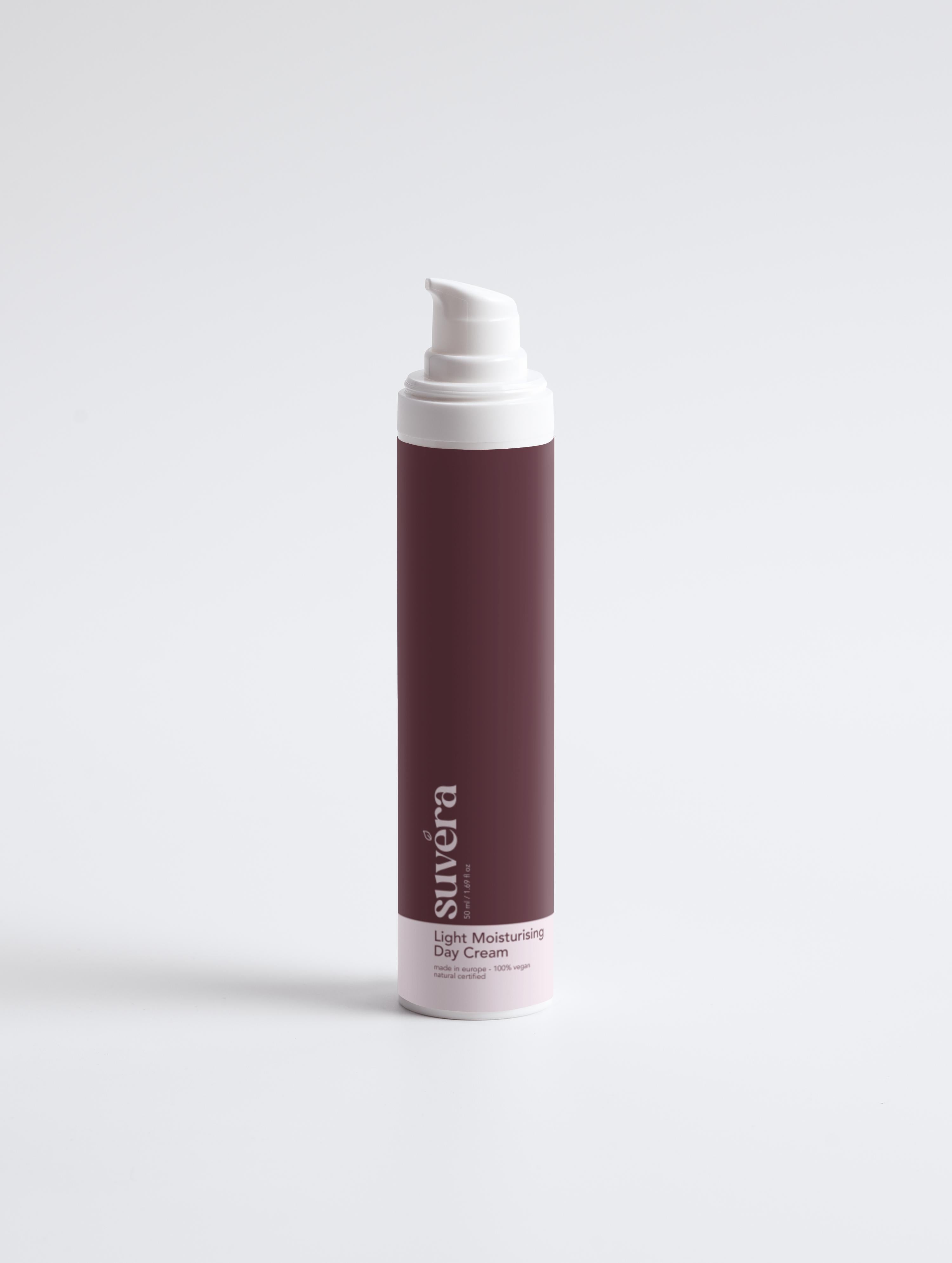 Suvera’s matte finish day cream shown with airy textures and botanical light