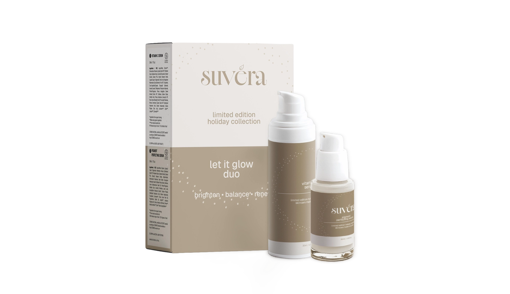 Suvera skincare product set with bottles and packaging on a white background