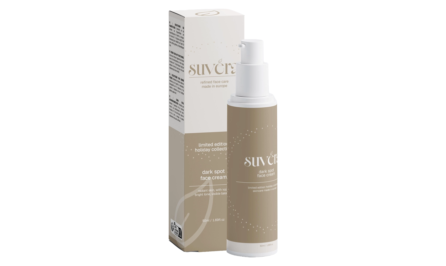 Suvera tea tree oil bottle and box on a white background