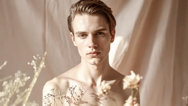 Man holding flowers against a soft, neutral background A young man with soft features and light skin sits still against a beige linen backdrop, surrounded by delicate dried flowers gently catching the sunlight. The warm tones and calm expression create a serene, natural, and elegant mood in the Suvera aesthetic.