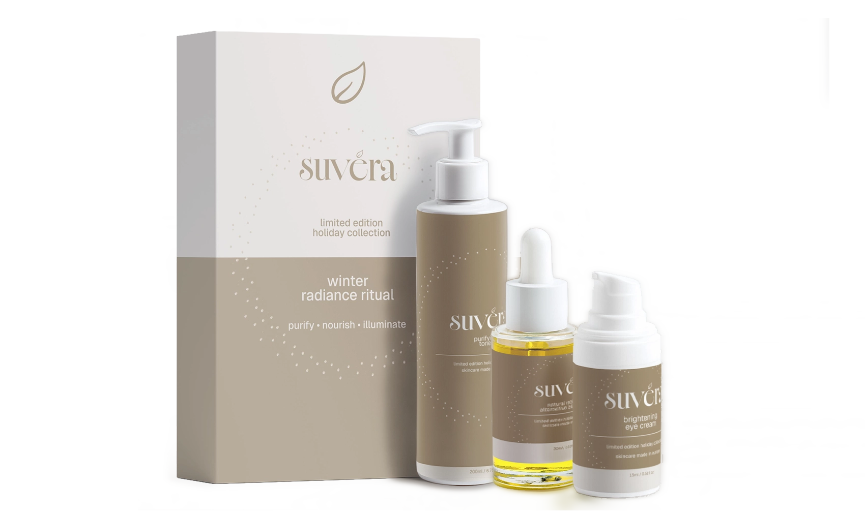 Suvera skincare set with two bottles and a box on a white background