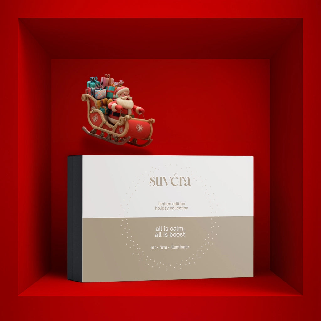 Suvera skincare product box with a Santa sleigh on a red background