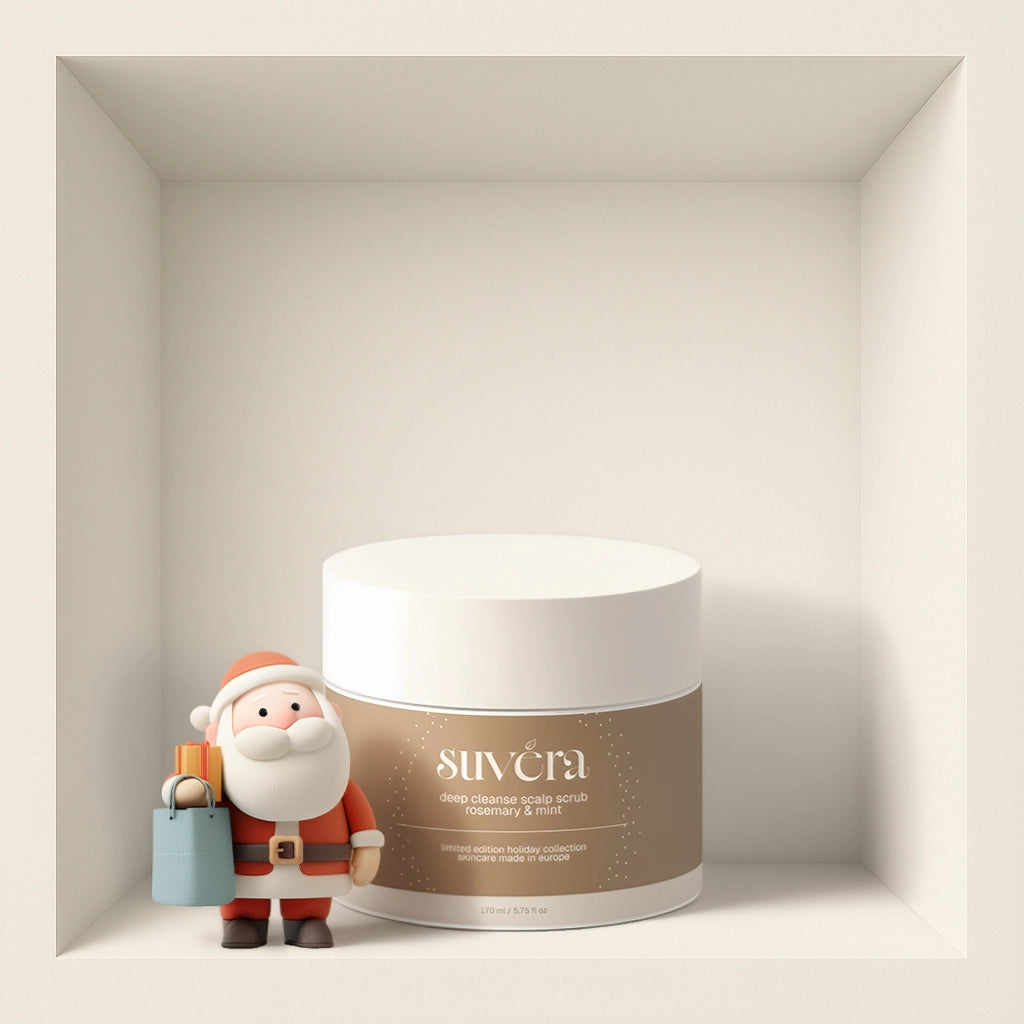 Suvera skincare product with a small Santa Claus figure on a neutral background