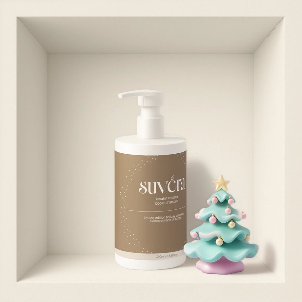 Suvera bottle with a small Christmas tree decoration on a neutral background