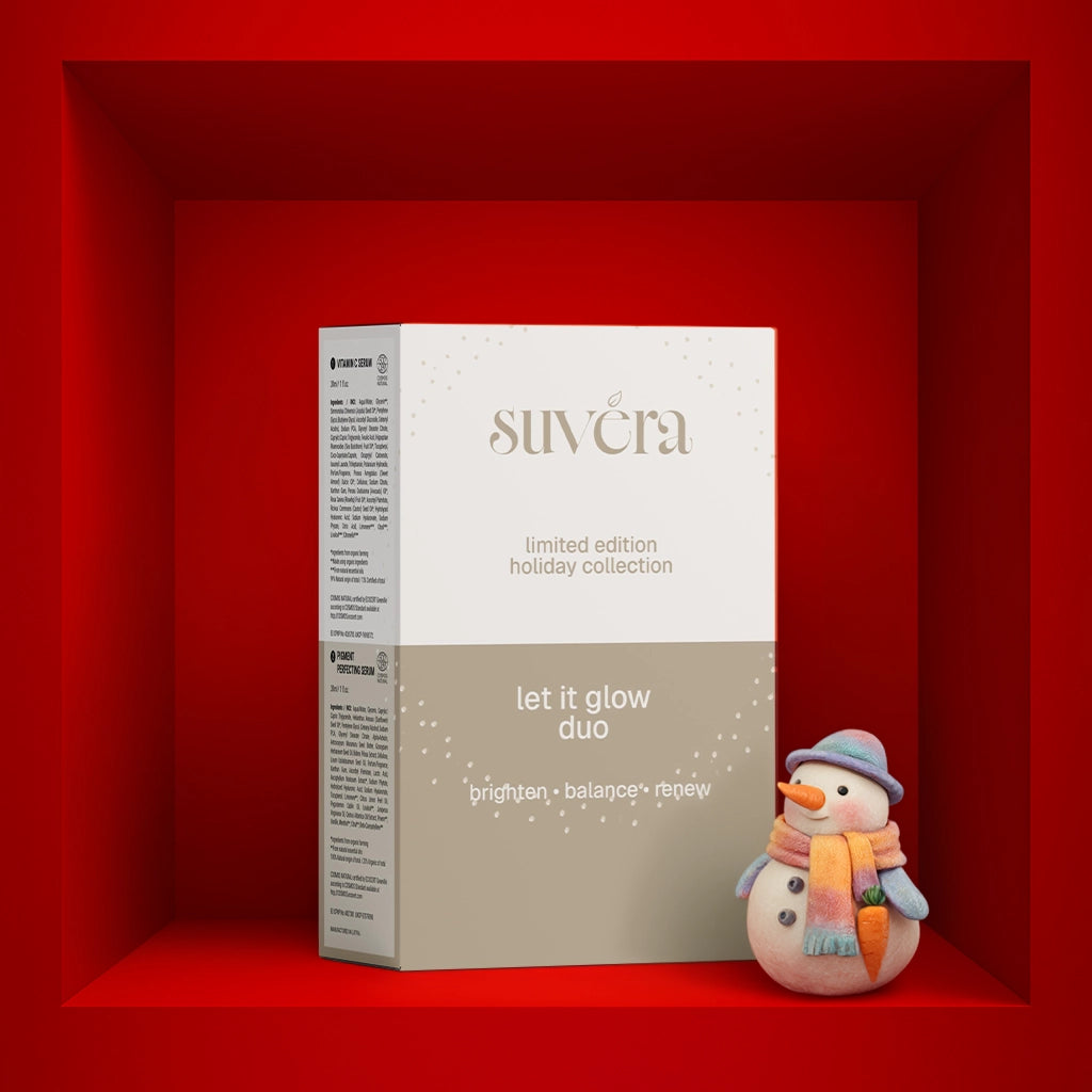 Suvera skincare product packaging with a snowman figurine on a red background
