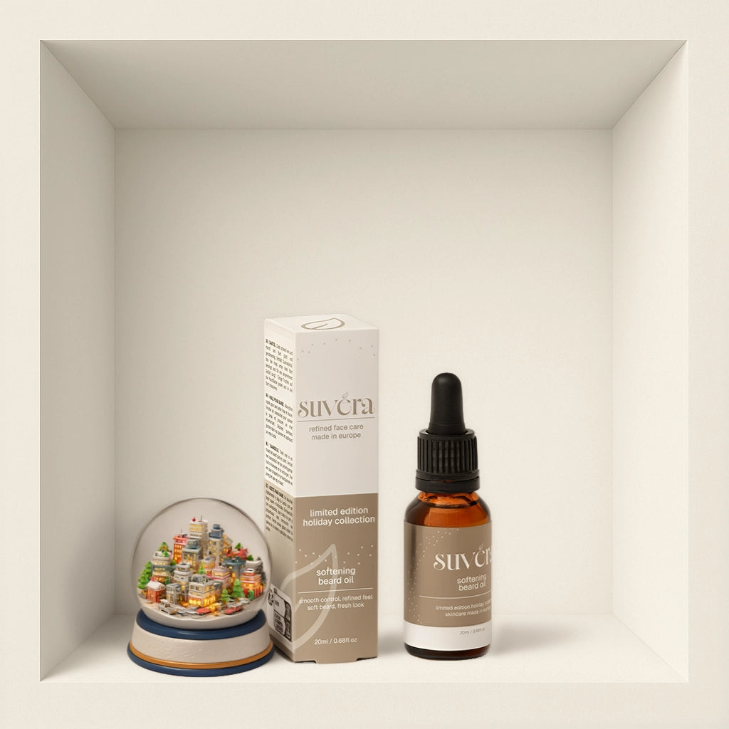 Suvera product packaging including a bottle, box, and decorative snow globe on a neutral background