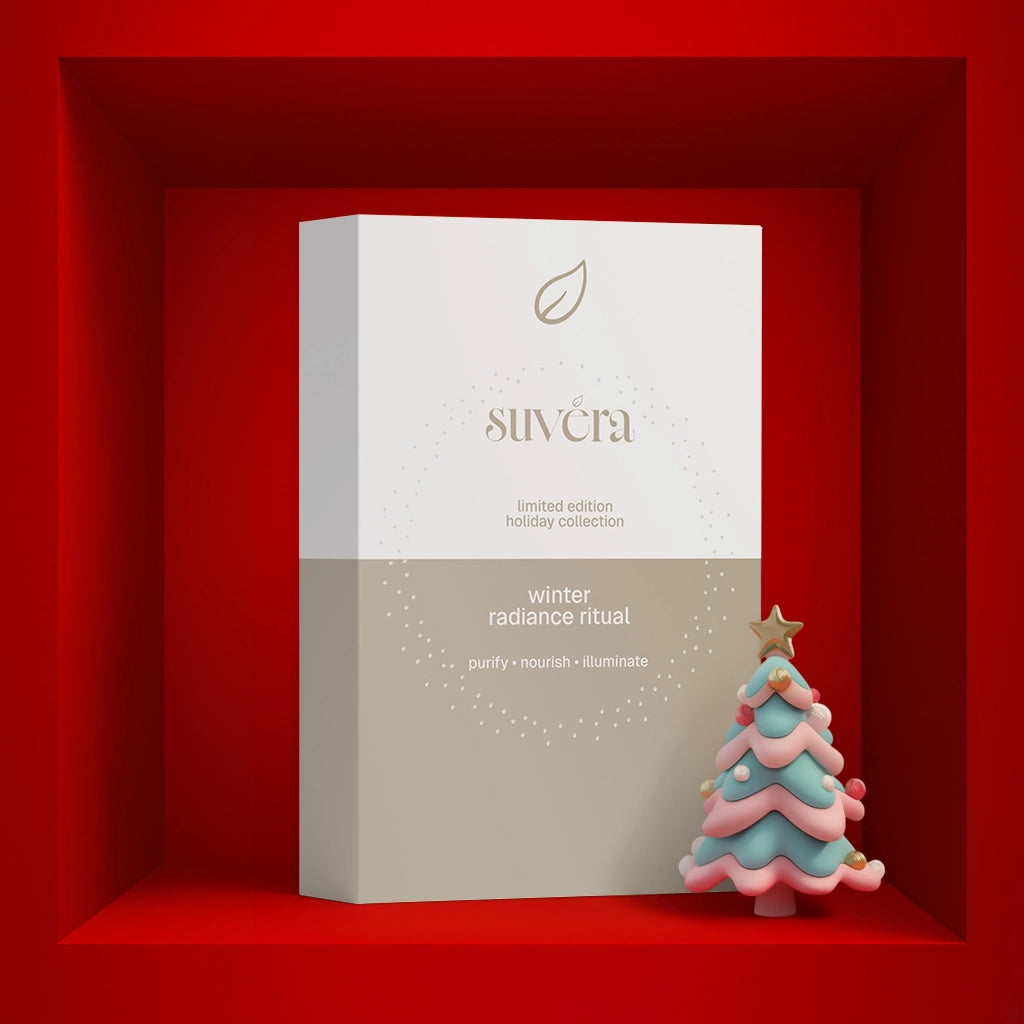 Suvera skincare product packaging with a Christmas tree decoration on a red background