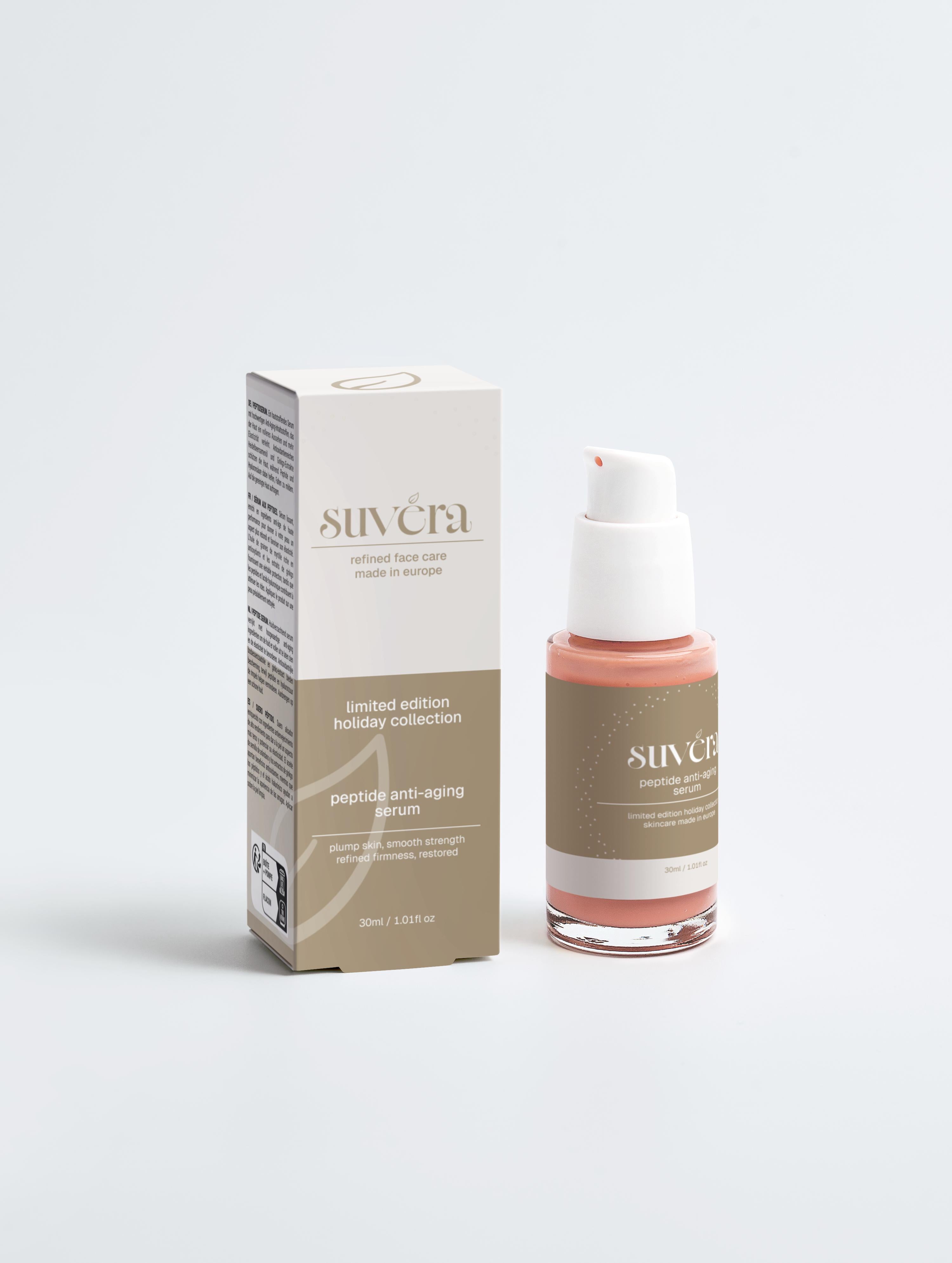 Suvera skincare serum bottle and packaging on a white background