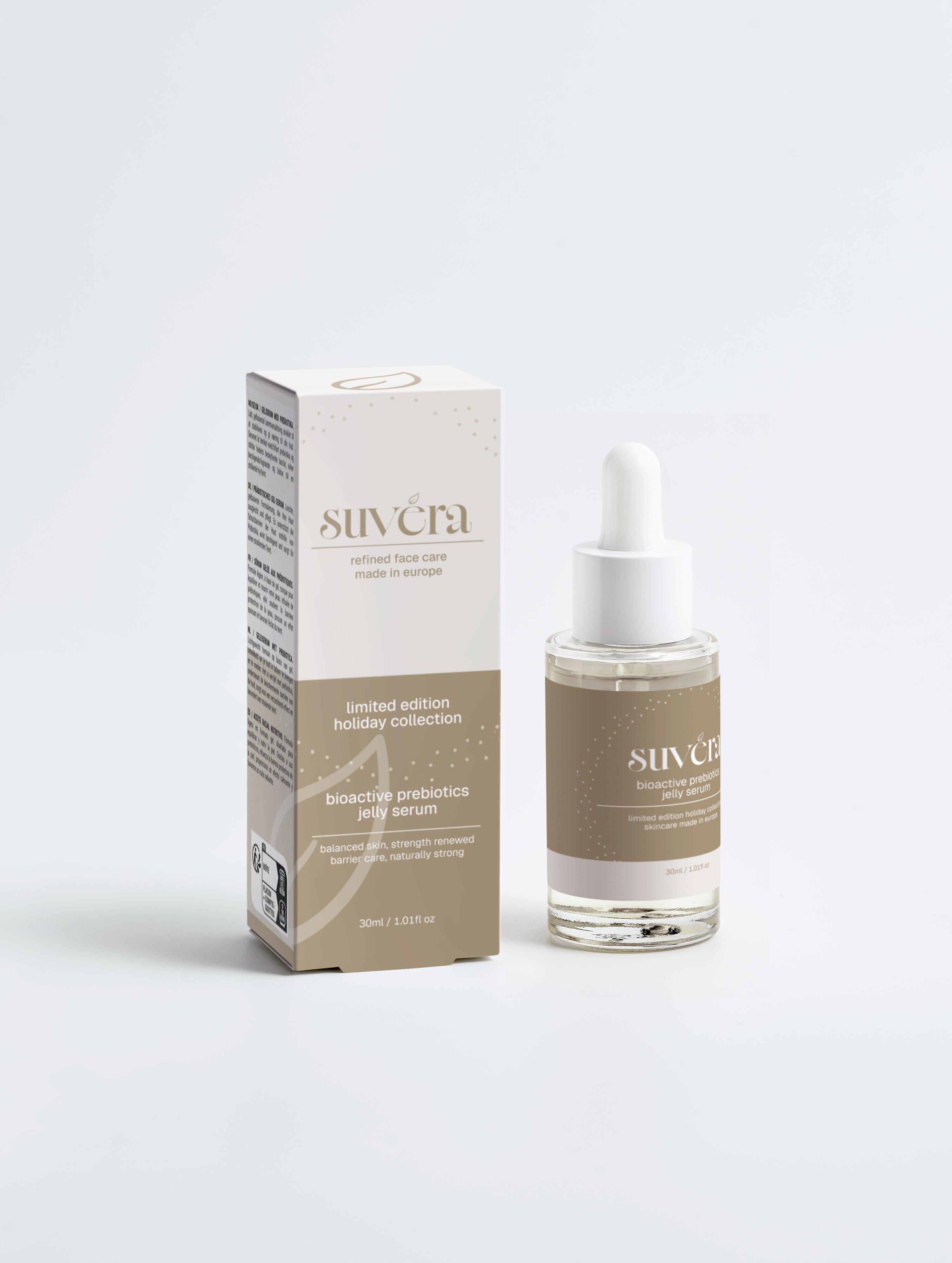 Suvera skincare serum bottle and packaging on a white background