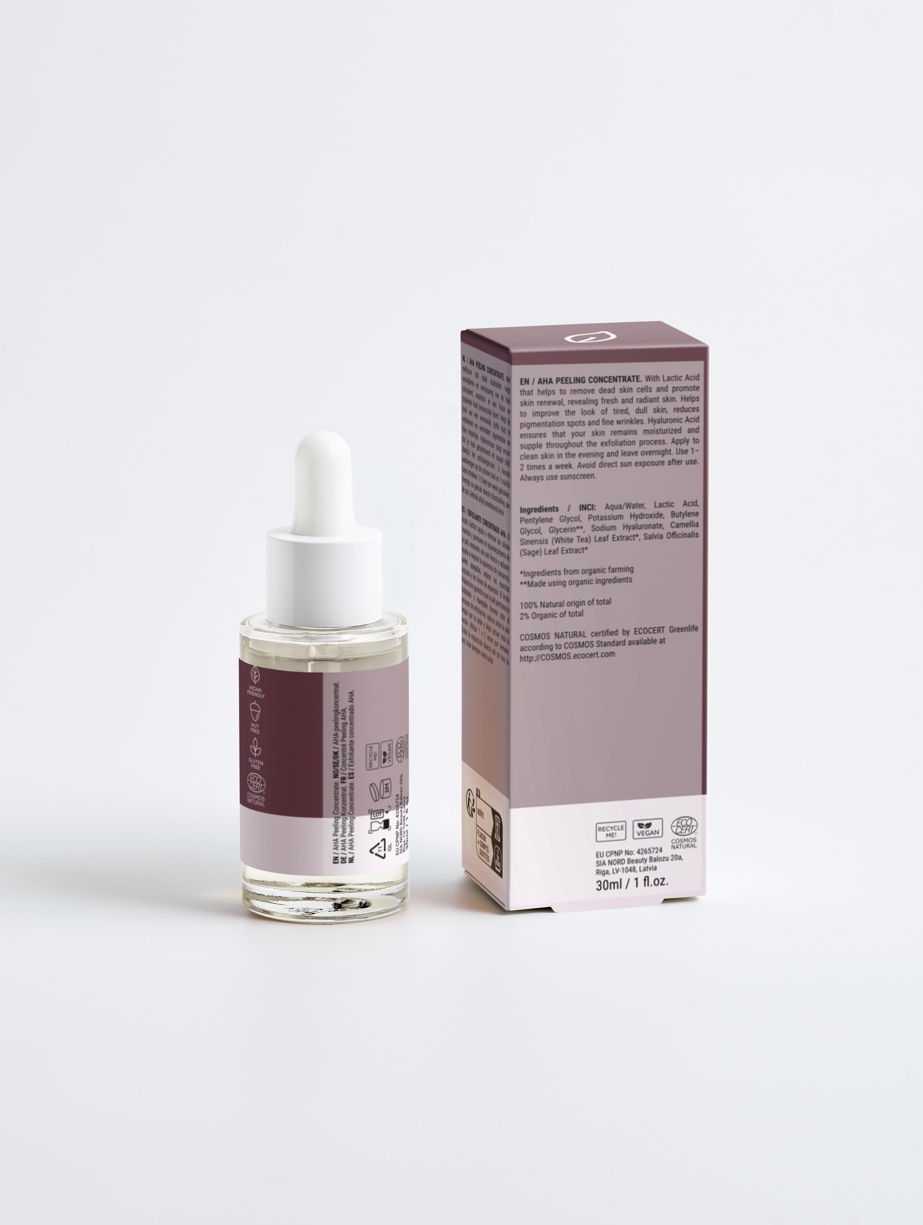 Suvera AHA Peeling Concentrate, with 10% Lactic Acid, removes dead skin cells, leaving the skin refreshed, hydrated, and glowing.