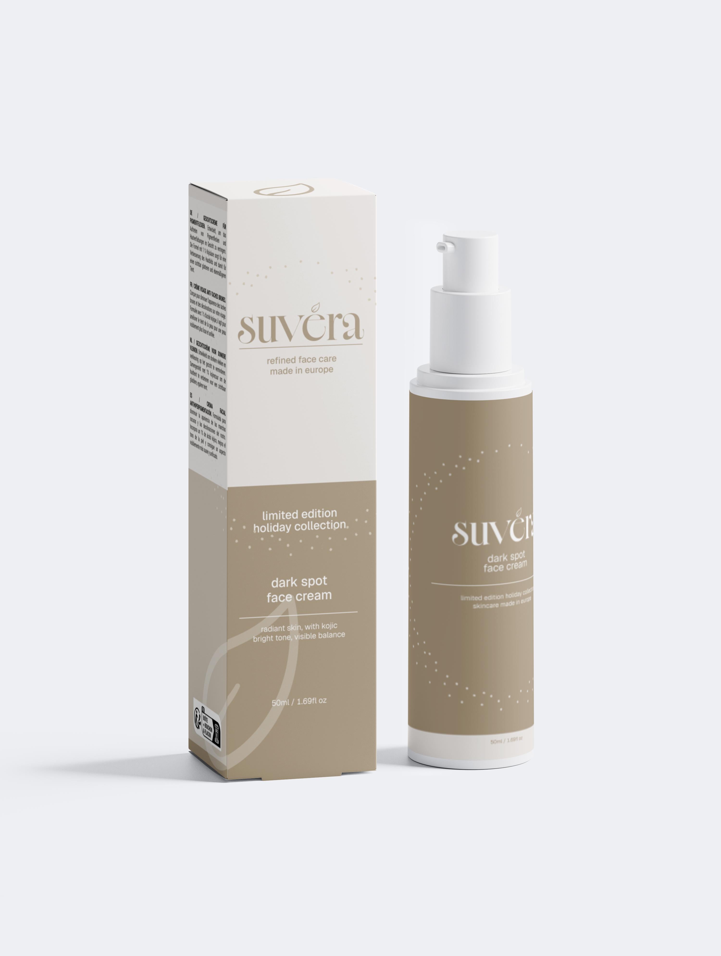 Suvera dark spot face cream with packaging on a white background