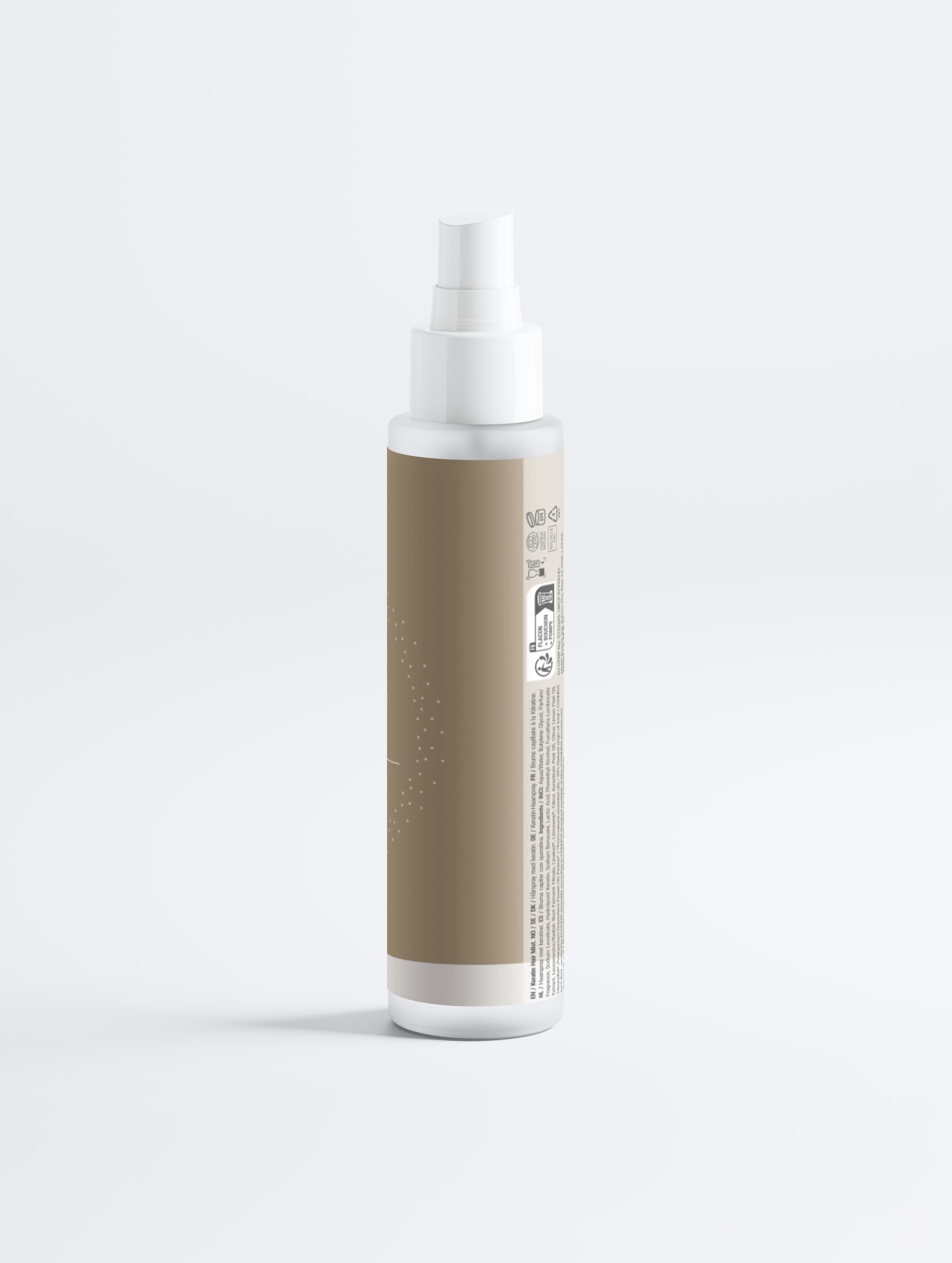 Spray bottle with a beige label on a white background
