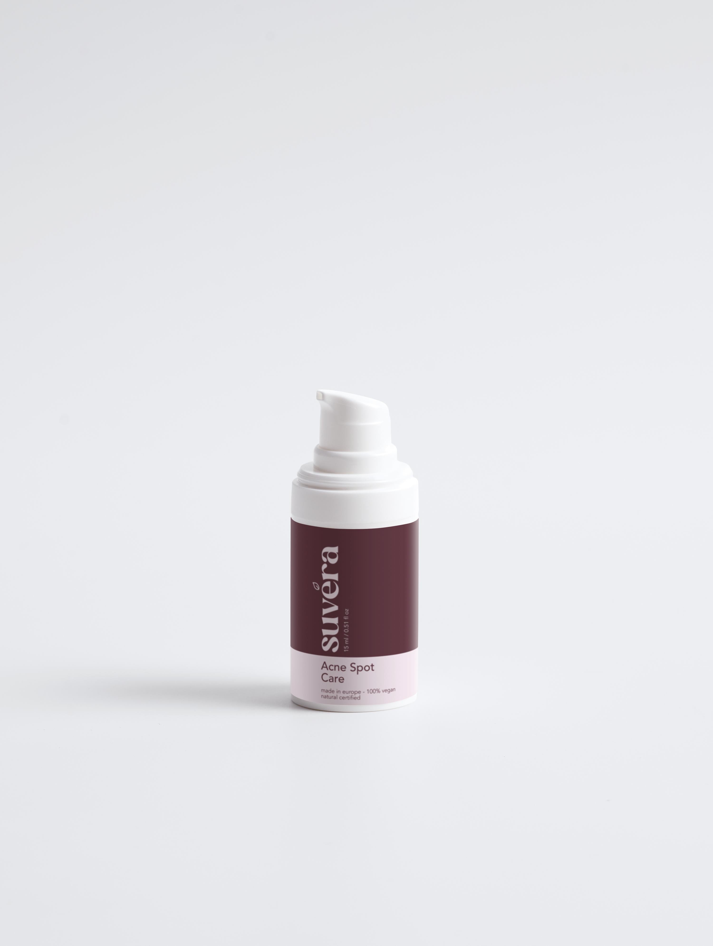 Minimalist product photo of Suvera Acne Spot Serum – fast-acting formula to reduce redness and calm breakouts.