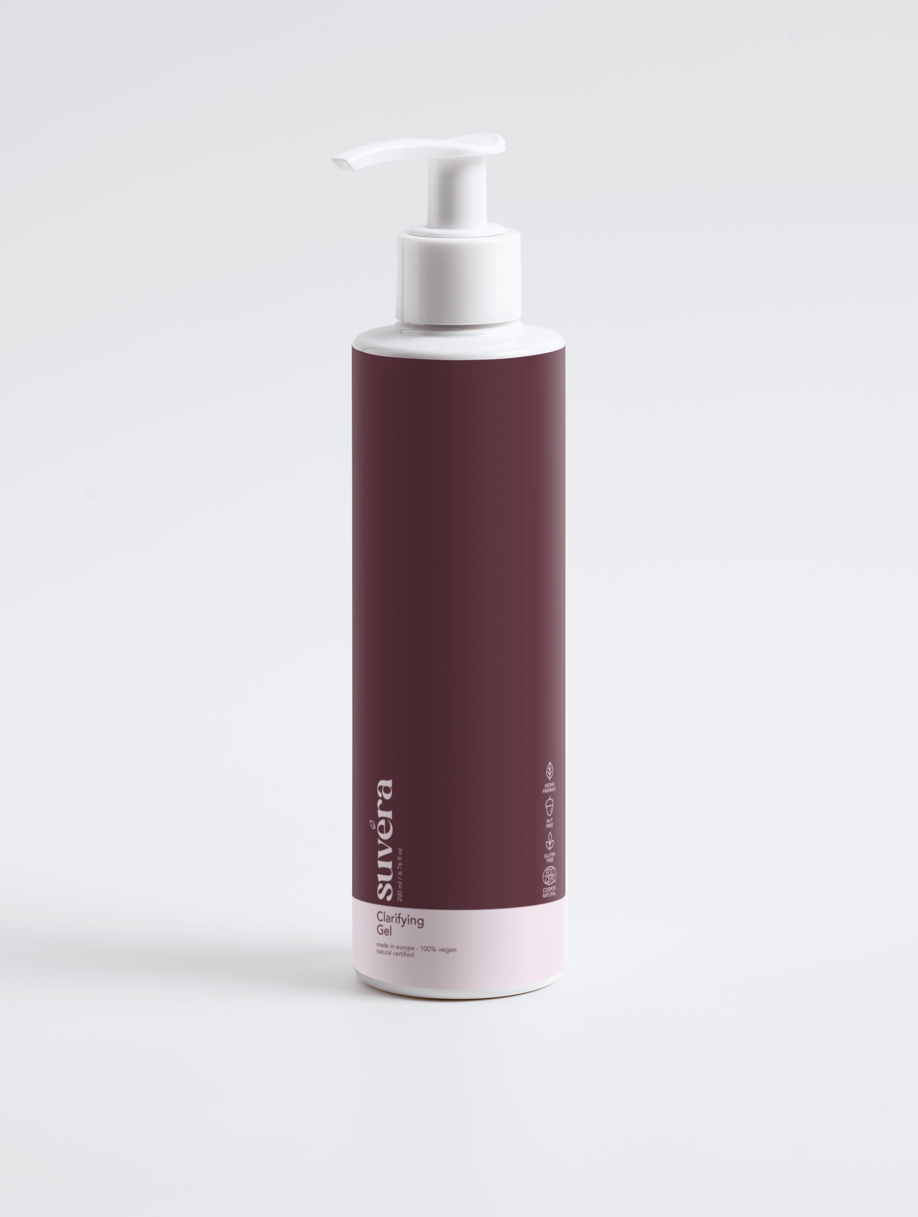 Clear bottle of Suvera Clarifying Gel Cleanser on white background