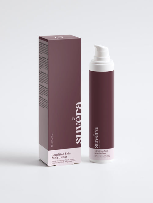 Suvera Sensitive Skin Moisturiser bottle with clean label for reactive skin